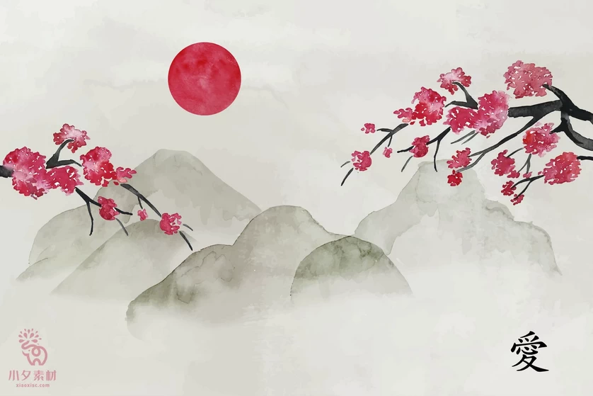 中国风中式禅意水彩水墨山水风景国画背景图案插画AI矢量设计素材【007】